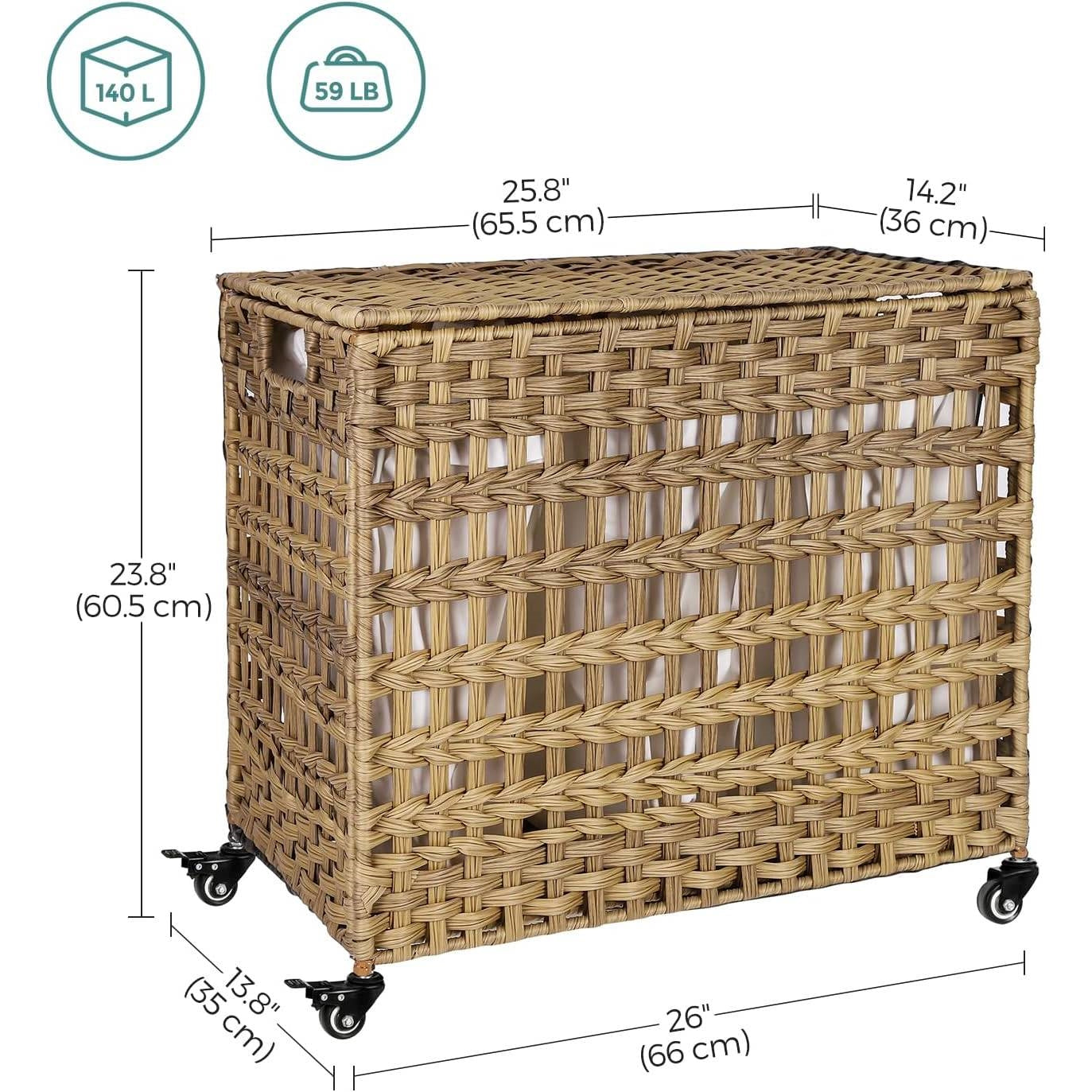 Tan PP Rattan 3-Basket Laundry Hamper Sorter Cart with Removable Cotton Bags