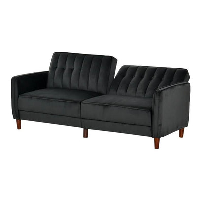 Mid-Century Modern Futon Sleeper Sofa Bed in Black Velvet Upholstery