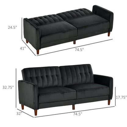 Mid-Century Modern Futon Sleeper Sofa Bed in Black Velvet Upholstery