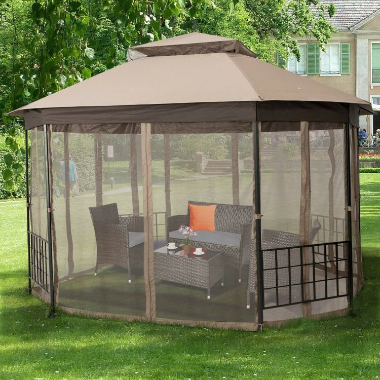 Outdoor 10 x 12 Ft Octagon Gazebo with Mosquito Net Sidewalls and Brown Canopy