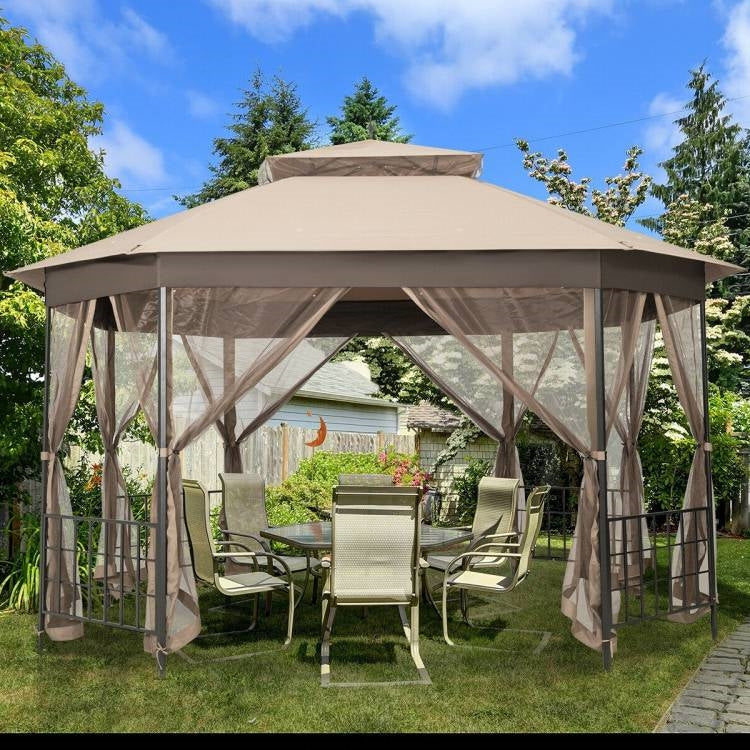 Outdoor 10 x 12 Ft Octagon Gazebo with Mosquito Net Sidewalls and Brown Canopy