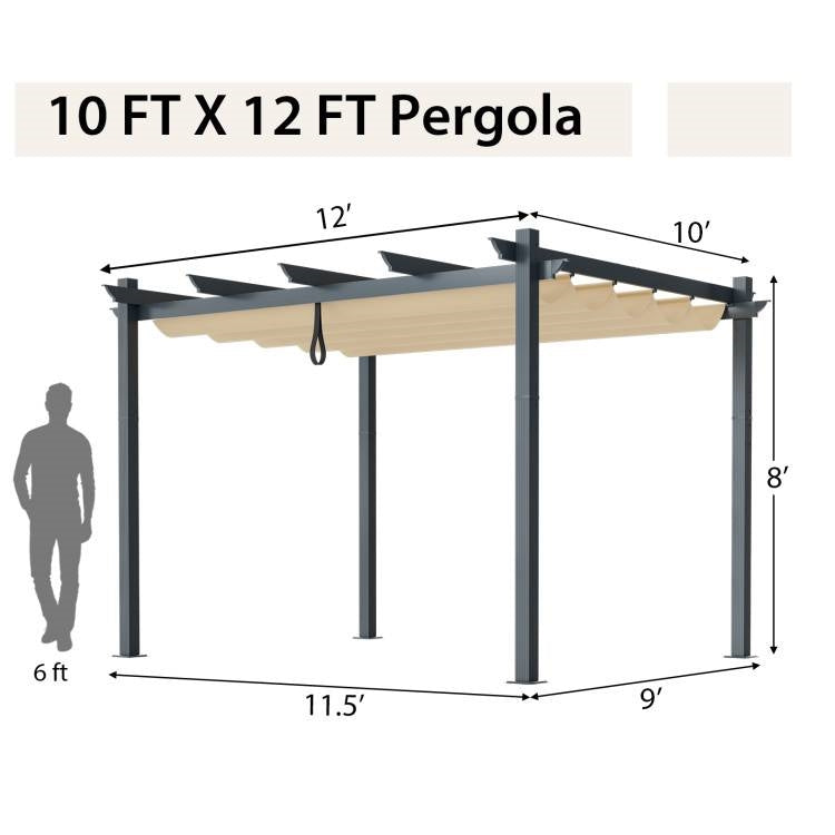 Modern 10 x 12 Ft Outdoor Sturdy Pergola Gazebo with Retractable Beige Canopy