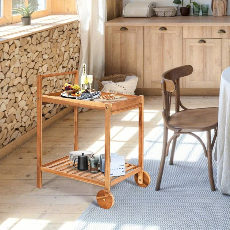 Solid Wood Rolling Serving Cart Kitchen Island with Bottom Shelf