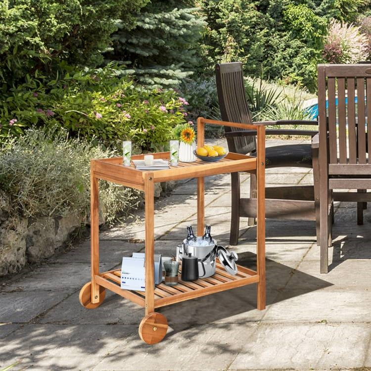 Solid Wood Rolling Serving Cart Kitchen Island with Bottom Shelf