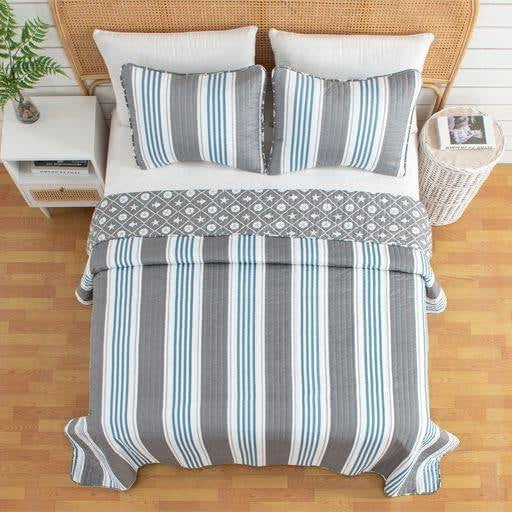 Twin 2 Piece Coastal Starfish Sand Dollar Grey Blue White Nautical Quilt Set