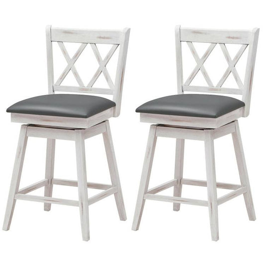 Set of 2 White Wood 24-in Counter Height Farmhouse Swivel Cushion Seat Barstools