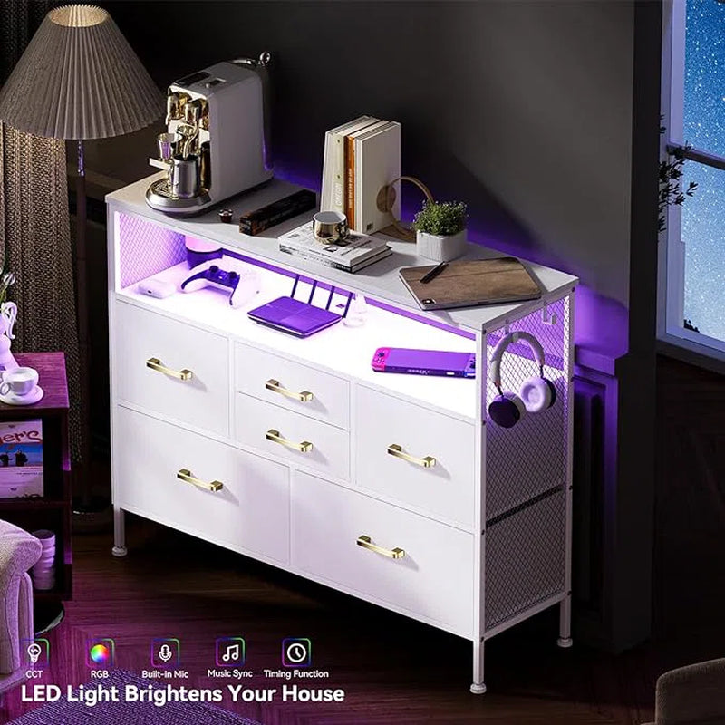 Dresser for Bedroom White TV Stand with Power Outlets and LED Light Fabric 6 Drawer Dresser Erville