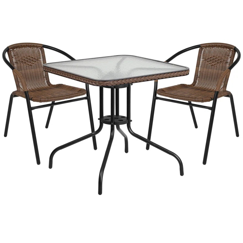 Amlie 28'' Square Glass Metal Table with Rattan Edging and 2 Rattan Stack Chairs