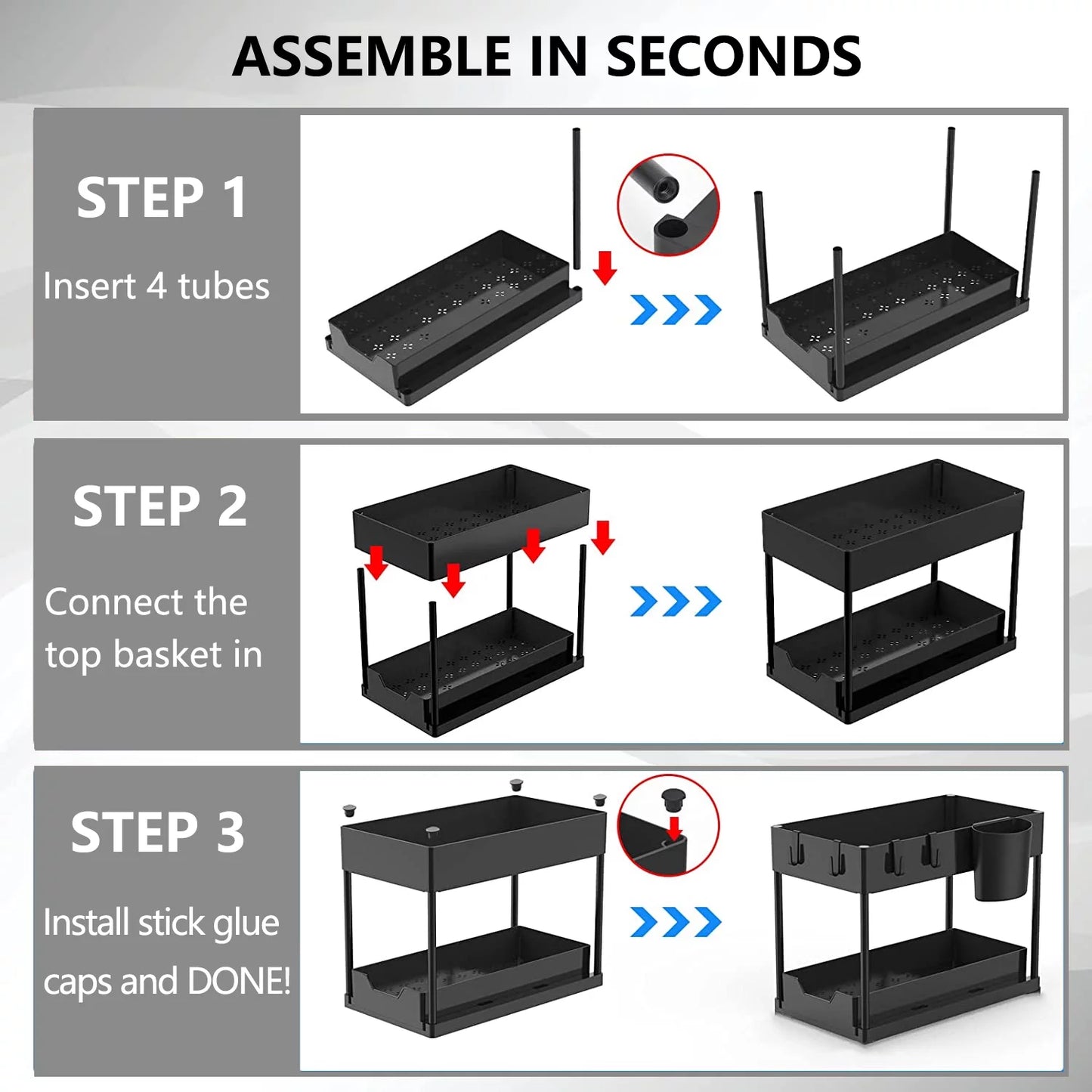 2-Pack under Sink Organizer, 2 Tier Multi-Purpose Large Capacity Kitchen under Sink Organizers and Storage Easy Access Sliding Storage Drawer with Hooks and Hanging Cup for Bathroom under Sink