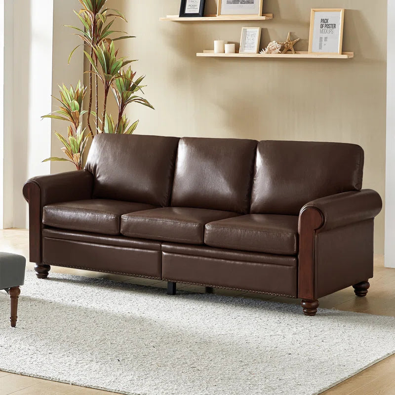 Atthia 81" Vegan Leather Sofa with Wooden Decoration Rolled Arms