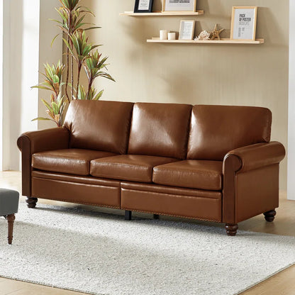 Atthia 81" Vegan Leather Sofa with Wooden Decoration Rolled Arms