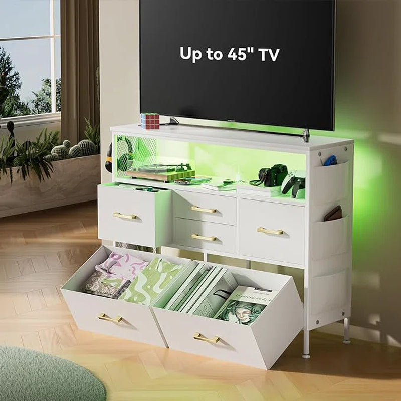 Dresser for Bedroom White TV Stand with Power Outlets and LED Light Fabric 6 Drawer Dresser Erville