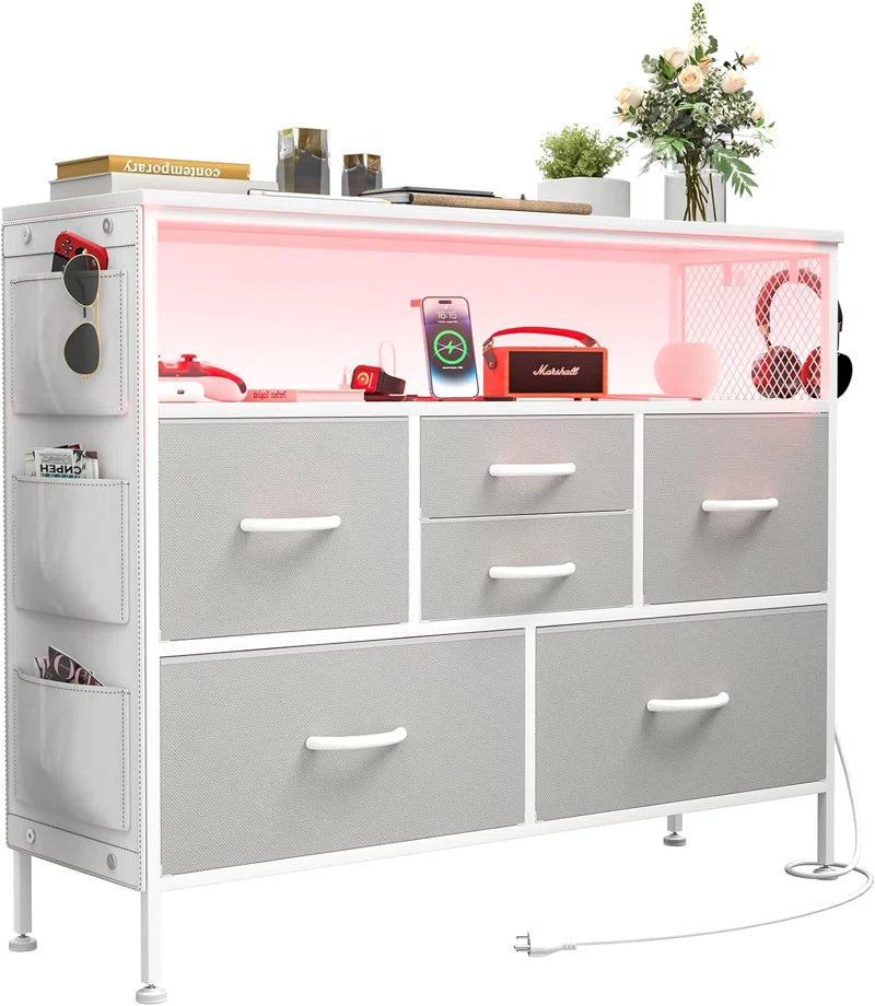 Dresser for Bedroom White TV Stand with Power Outlets and LED Light Fabric 6 Drawer Dresser Erville