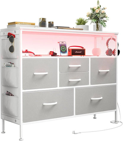 Dresser for Bedroom White TV Stand with Power Outlets and LED Light Fabric 6 Drawer Dresser Erville