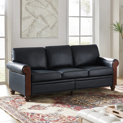 Atthia 81" Vegan Leather Sofa with Wooden Decoration Rolled Arms