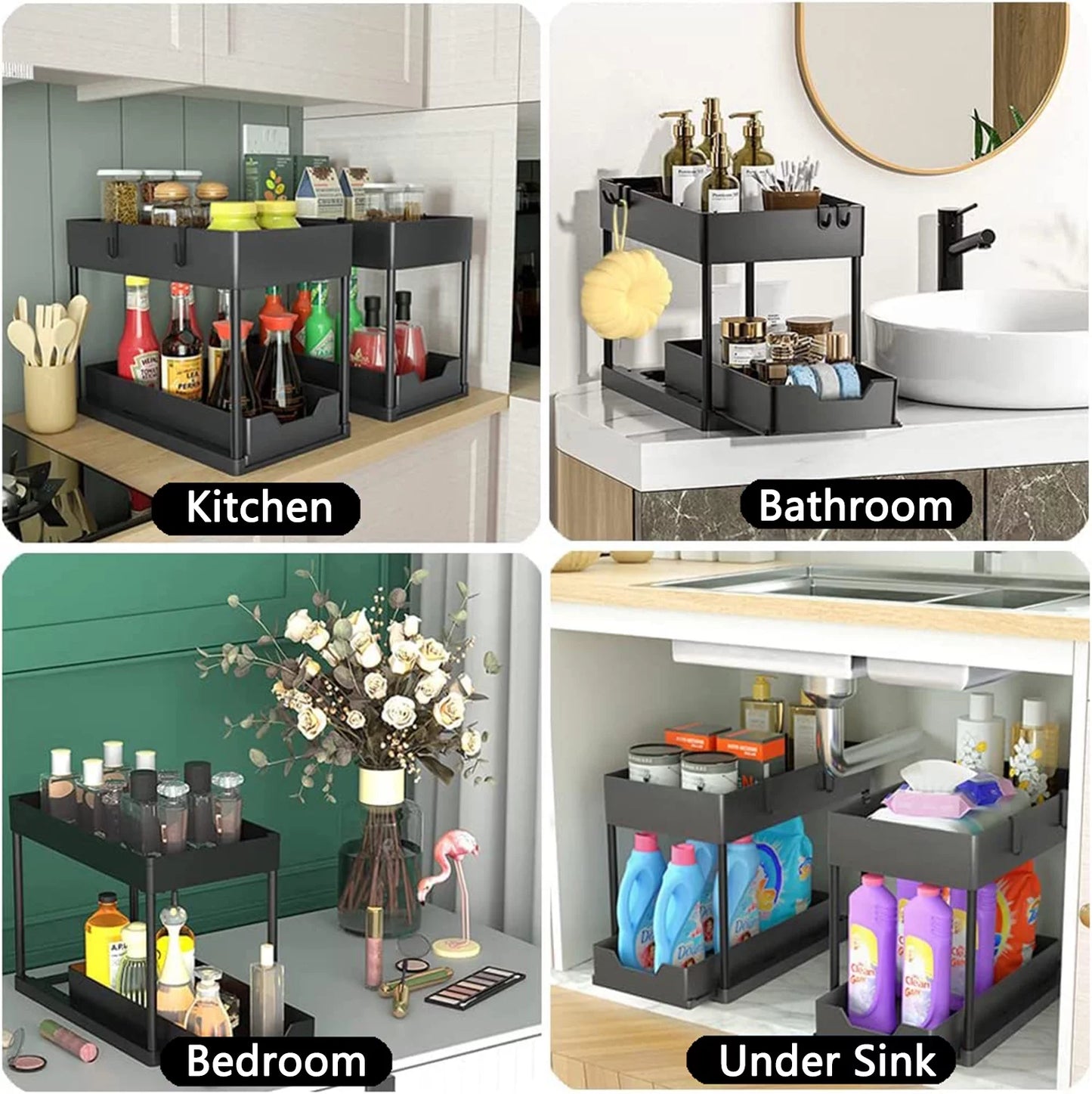 2-Pack under Sink Organizer, 2 Tier Multi-Purpose Large Capacity Kitchen under Sink Organizers and Storage Easy Access Sliding Storage Drawer with Hooks and Hanging Cup for Bathroom under Sink