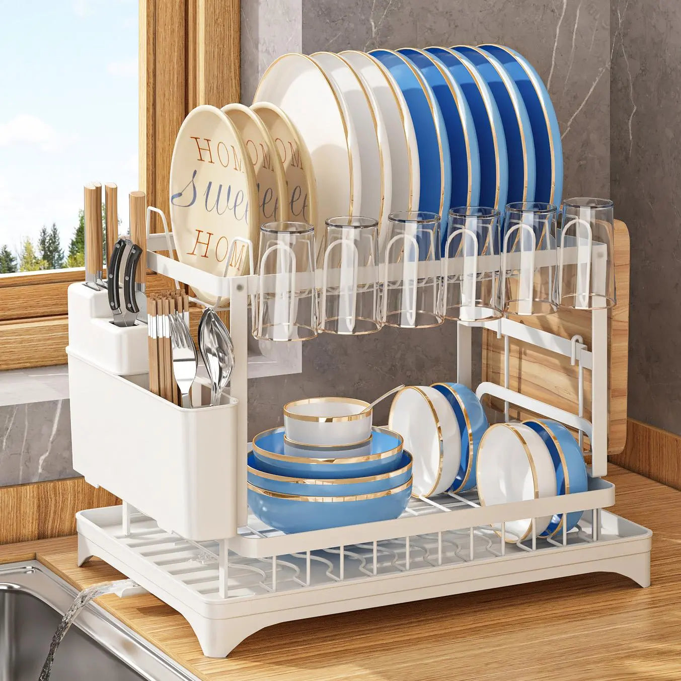 2-Tier Dish Drying Rack, Dish Drying Organiser with Drainboard, Kitchen Accessories Modern Trendy Detachable Dish Drainer Organizer, Home Space Saver, Kitchen Cutlery Room Organizer