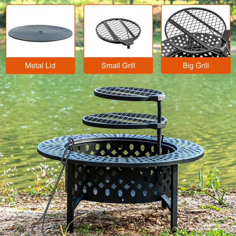 Hayler Wood Burning Outdoor Fire Pit Table with Lid