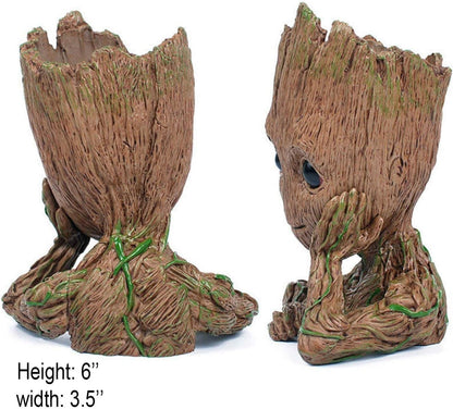 Baby Groot Pen Pot Tree Man Pens Holder or Flower Pot with Drainage Hole Perfect for a Tiny Succulents Plants 6" (Grayish Brown)